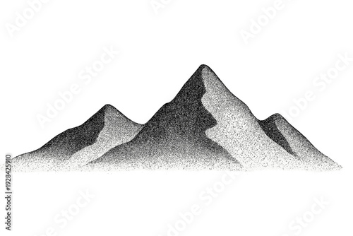 A minimalist black and white stippled illustration of a mountain range with multiple peaks against a solid black background. The artwork uses fine dots to create texture and depth.