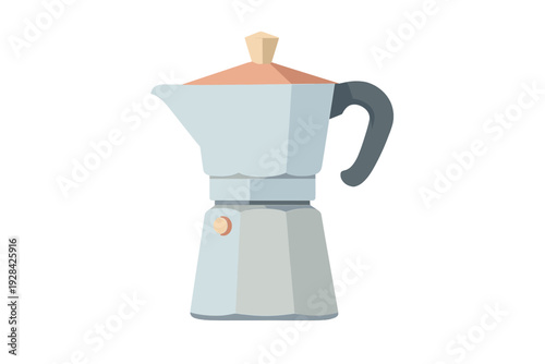 This flat design illustration features a traditional Italian moka pot for brewing coffee, showcasing a light grey body, a metallic copper lid, and a dark grey handle.