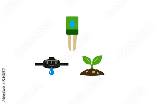 A flat vector illustration featuring a soil moisture sensor, a drip irrigation emitter with a water drop, and a young green plant sprout growing in a mound of brown soil on a black background.