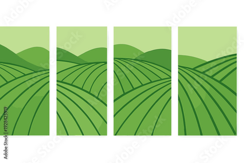 A minimalist illustration of rolling green hills and cultivated fields divided into four vertical panels. The artwork features a flat design style with various shades of green.