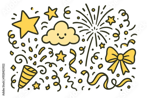Festive yellow hand-drawn doodles on a black background including a happy cloud, stars, fireworks, a party popper, and a bow with various confetti and streamers.