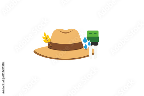 This illustration features a tan safari hat with a brown band and a yellow wheat stalk, accompanied by blue water droplets and a green gardening hand tool.