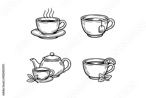 This collection of monochrome line art sketches depicts different tea related items including steaming cups, a teapot with a saucer, a teabag, and fresh herbal garnishes.