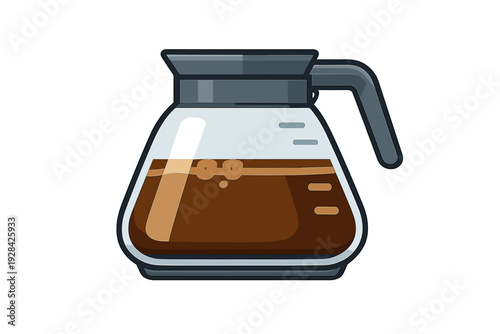 A vector illustration of a glass coffee carafe filled with dark brown coffee. The pot features a grey handle and lid, with measurement markings on the side against a black background.