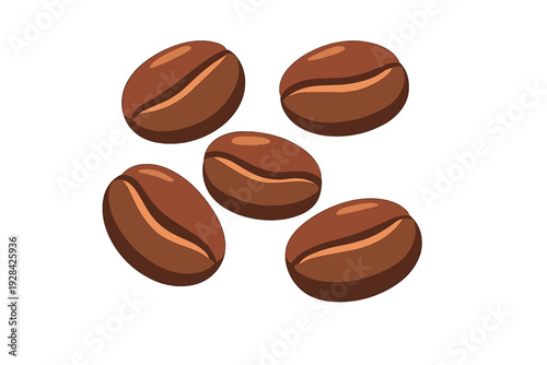 Five brown roasted coffee beans are shown in a stylized vector illustration against a solid black background. The beans feature simple shading and highlights for a clean look.