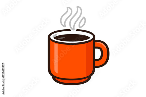 This vector graphic shows a vibrant orange ceramic mug containing a dark hot beverage with grey steam rising above it. The image is presented on a plain black background.
