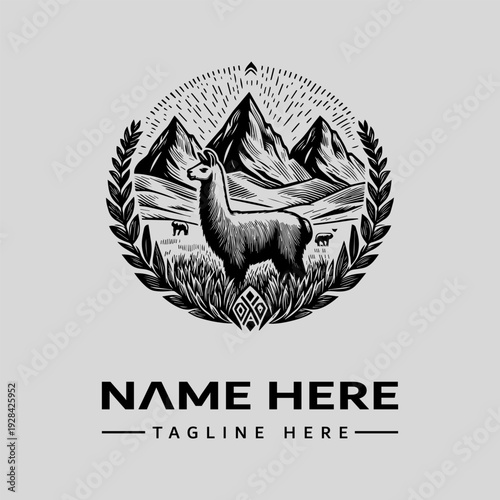 A vintage-style woodcut illustration of a llama standing in a mountainous landscape surrounded by leaves and mountains, with a template for a logo or icon featuring a tagline and name space.