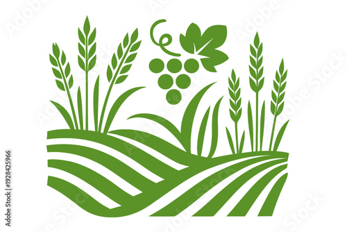 This green silhouette illustration depicts rolling farm fields, stalks of wheat, and a bunch of grapes with a leaf, symbolizing agriculture and harvest on a solid black background.