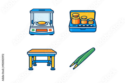 A collection of four laboratory equipment icons including a digital analytical balance, a set of calibration weights in a case, a sturdy workbench, and a pair of green tweezers.