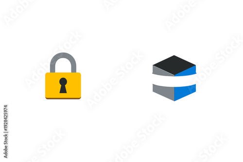 A yellow padlock with a grey shackle and a black keyhole is positioned next to a three-dimensional geometric shape with blue and grey facets on a solid black background surface.