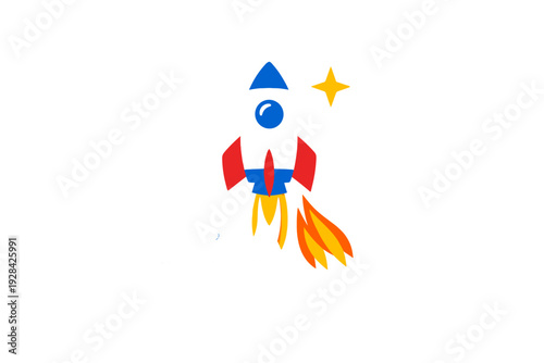 A colorful cartoon rocket ship launches into space against a black background, featuring red fins, a blue nose cone, and bright orange flames with a white smoke trail.