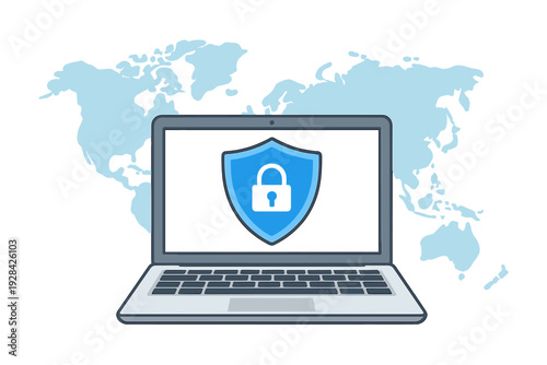 A laptop computer displays a blue shield with a white padlock icon on its screen, set against a light blue world map background, representing global cybersecurity and data protection.