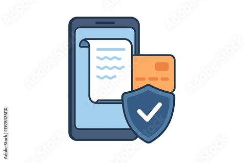 A flat illustration of a smartphone displaying a digital receipt next to an orange credit card and a blue security shield with a white checkmark, representing secure mobile payments.