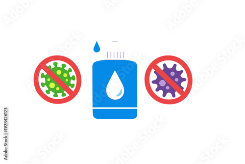 A blue hand sanitizer bottle with a pump dispenser is centered between two virus icons crossed out with red prohibition signs, all set against a solid black background.