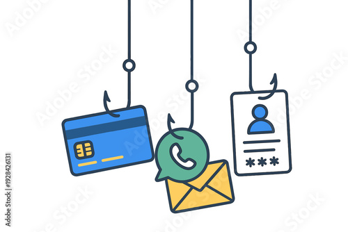 A credit card, a chat bubble, a mail envelope, and an identification card hang from sharp fishing hooks in this flat vector illustration against a dark background.