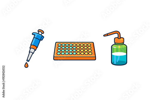 An illustration of laboratory equipment including a blue pipette with a drop, an orange multiwell plate, and a green wash bottle, all isolated on a black background.