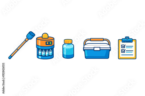 A set of five stylized icons representing scientific field equipment, including a sampling pole, a portable vial carrier, a reagent bottle, a cooler box, and a checklist clipboard.
