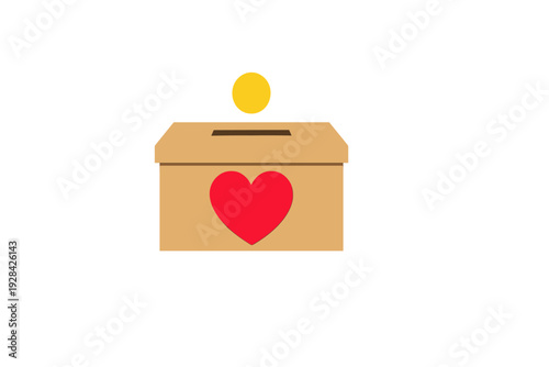 A flat illustration of a light brown donation box with a red heart on the front and a yellow coin falling into the top slot, set against a solid black background.