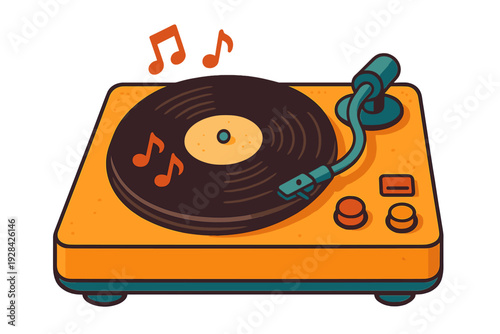 A stylized illustration of a yellow record player with a black vinyl disc spinning. Orange musical notes float above the turntable, which features a teal tonearm and simple buttons.