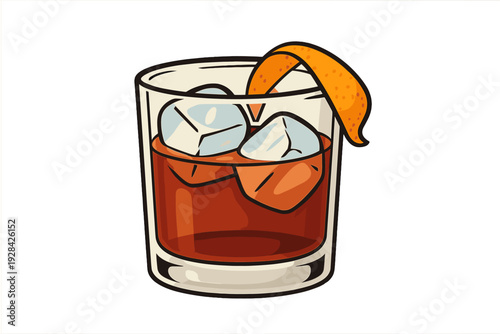 An illustration of a classic cocktail in a rocks glass filled with ice cubes and a dark amber liquid, garnished with a long orange peel twist against a black background.
