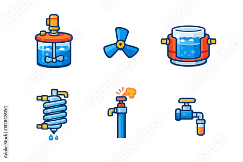 A collection of six stylized industrial icons representing chemical engineering processes, including a stirred tank, propeller, jacketed vessel, condenser, pipe leak, and faucet.