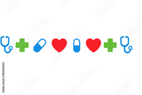 This image features a sequence of medical symbols such as blue stethoscopes, green crosses, red hearts, and blue capsules, all set against a plain black background in a flat style.