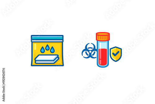 This vector graphic displays a yellow medical bag with absorbent material and a test tube containing a red sample, accompanied by a biohazard sign and a security shield icon on black.