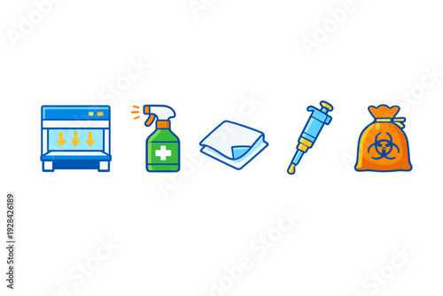 A set of five laboratory safety and hygiene icons including a biosafety cabinet, disinfectant spray, wipes, a micropipette, and a biohazard waste bag on a black background.