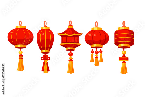Five different styles of red Chinese lanterns featuring golden tassels and decorative elements, arranged in a row against a black background for lunar new year celebrations.