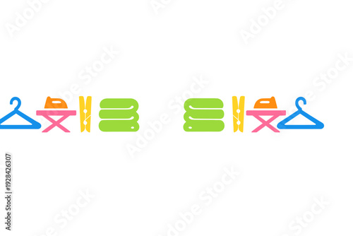 A symmetrical arrangement of colorful laundry icons including a blue hanger, pink ironing board with an orange iron, yellow clothespin, and green folded clothes on a black background.