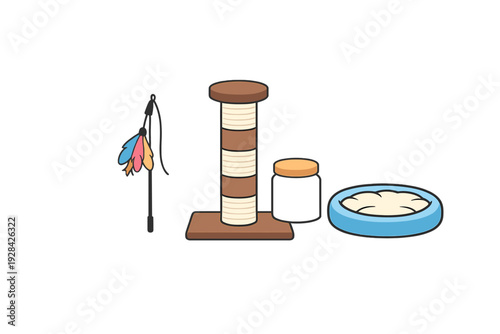 A collection of cat accessories including a scratching post, a feather wand toy, a treat jar, and a soft blue pet bed, all presented as a flat illustration on a black background.