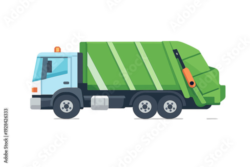This flat vector illustration features a green refuse collection truck with a light blue cab and grey wheels, depicted from a side profile view for waste management and recycling.