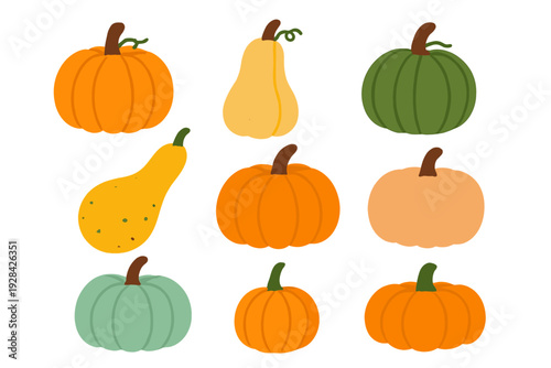 A collection of nine stylized pumpkins and gourds in various shapes and colors, including orange, green, and yellow, arranged in a grid pattern against a solid black background.