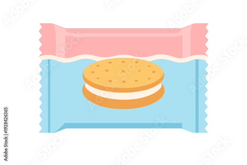 A cartoon illustration of a packaged sandwich cookie with a white cream filling. The wrapper is pink and light blue with serrated edges on both sides against a black background.
