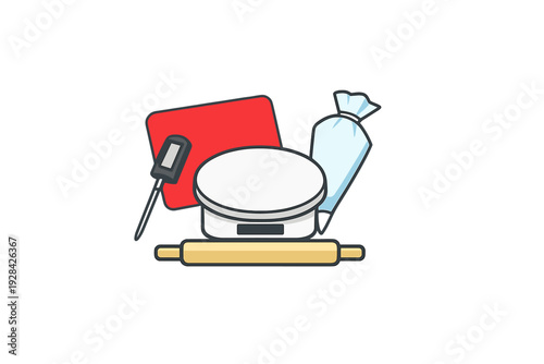 This flat vector illustration features essential baking equipment such as a rolling pin, digital scale, piping bag, and a red silicone mat against a solid black background.