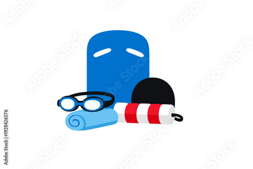 A flat vector illustration of swimming gear including a blue kickboard, goggles, a black swim cap, a rolled light blue towel, and a red and white lane float on a black background.