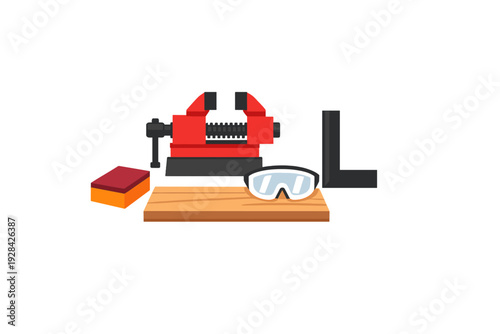 A flat vector illustration of woodworking tools including a red bench vise, safety goggles, a wooden plank, a sanding block, and an L-square ruler on a dark background.