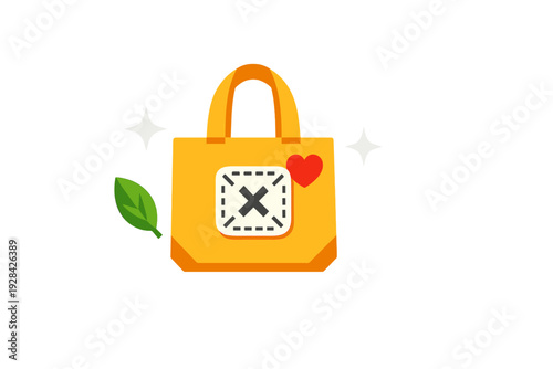 This flat vector illustration shows a yellow reusable tote bag decorated with a red heart and a stitched patch. A green leaf and white sparkles surround the bag on a black background.