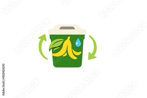 A green compost bin illustration with a banana peel, leaf, and water drop icon, surrounded by circular arrows on a black background, representing organic waste recycling.