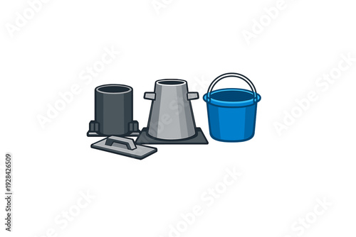 This vector graphic features essential masonry equipment such as a slump cone, a cylinder mold, a blue bucket, and a trowel, presented in a clean flat style on black.