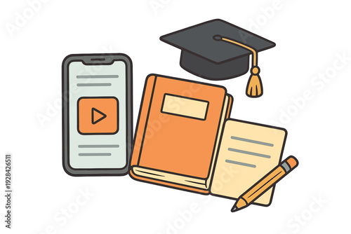 This illustration shows a smartphone displaying a video player next to an orange book, a notepad, a pencil, and a graduation cap, symbolizing modern digital education.
