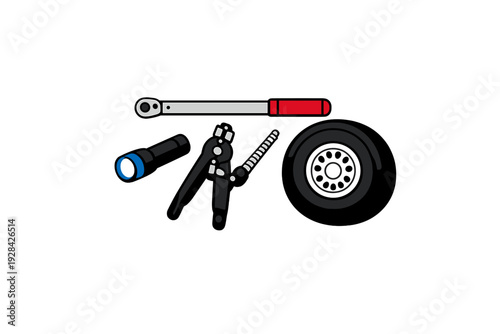 An illustration of automotive tools including a torque wrench, a flashlight, a mechanical jack, and a trailer wheel with a fender, all presented in a flat graphic style on a black background.