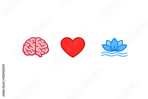 A pink brain, a red heart, and a blue lotus flower icon are arranged horizontally against a black background with a grainy texture, representing mind, body, and spirit.