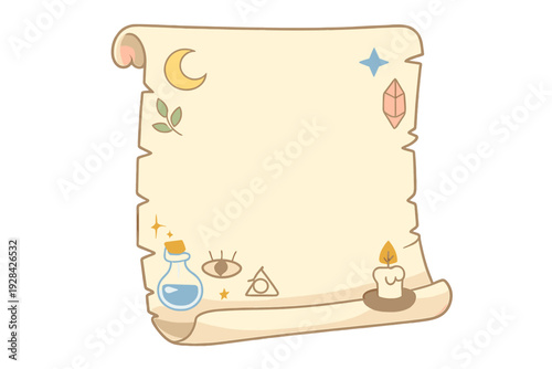 An unrolled vintage parchment scroll featuring mystical illustrations including a crescent moon, potion bottle, candle, and crystal, designed as a decorative frame or template.