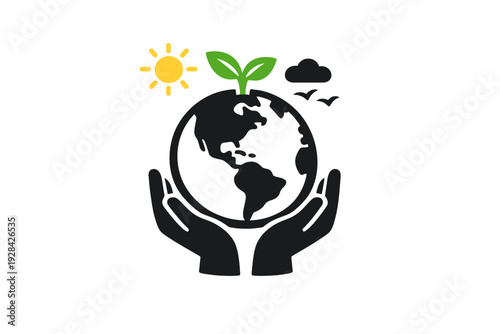 A black silhouette illustration of two hands holding the Earth with a green sprout growing on top, accompanied by a yellow sun, a dark cloud, and birds on a black background.