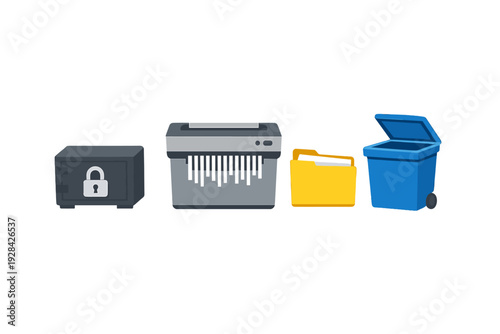 Four flat design icons representing data security and office management, featuring a gray safe, a paper shredder, a yellow folder, and a blue bin on a black background.