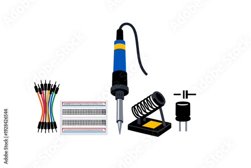 This vector illustration features essential electronics equipment such as a soldering iron, breadboard, and jumper wires, all arranged neatly against a solid black background.