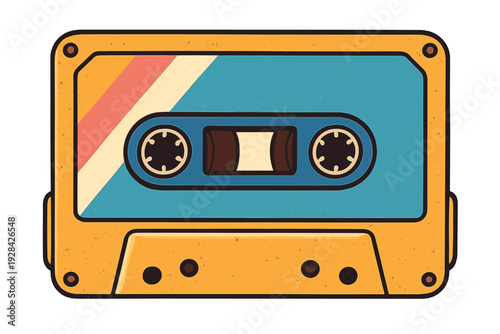 This vintage yellow audio cassette tape features a blue label with orange and cream diagonal stripes. The flat illustration style includes a grainy texture for a retro feel.