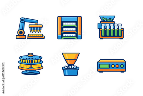 This set of six colorful flat icons depicts various laboratory and pharmaceutical tools such as a robotic pipette, test tubes, a centrifuge, and a digital control unit.