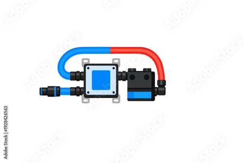 This technical vector graphic shows a stylized liquid cooling assembly with a central square block, a pump unit, and colorful blue and red tubing on a dark background.